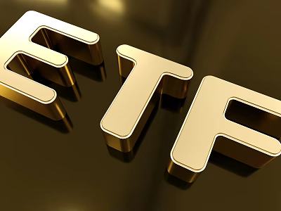 Golden 3D ETF Letters with Shiny Metallic Finish on Dark Background 3d model
