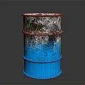 Rusted Blue Oil Barrel With Weathered Surface And Metallic Finish Against Dark Background