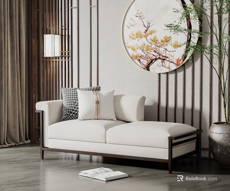 Beige Chaise Lounge in Chinese Style Living Room with Wooden Screen Circular Painting and Cushions 3d model 