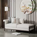 Beige Chaise Lounge in Chinese Style Living Room with Wooden Screen Circular Painting and Cushions