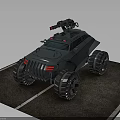 Armored Military Vehicle With Roof Mounted Weapon And Large Wheels On Parking Surface