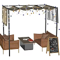 Cozy Outdoor Sofa Under Pergola With String Lights Coffee Table And Chalkboard Sign 3d model