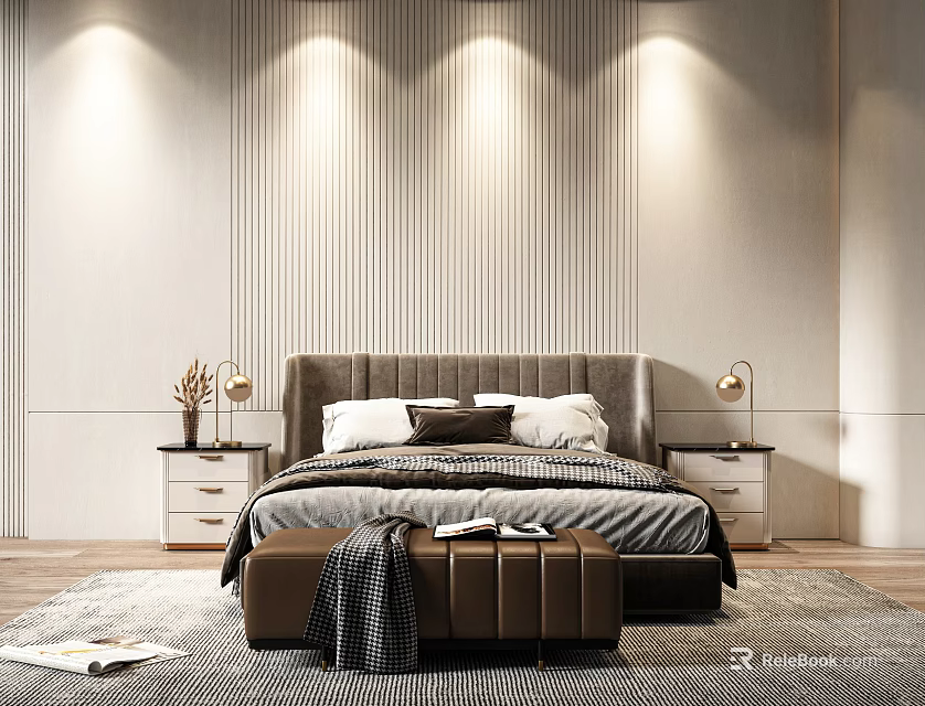 Modern Double Bed With Gray Upholstered Headboard Nightstands Table Lamps And Vertical Striped Wall 3d model 