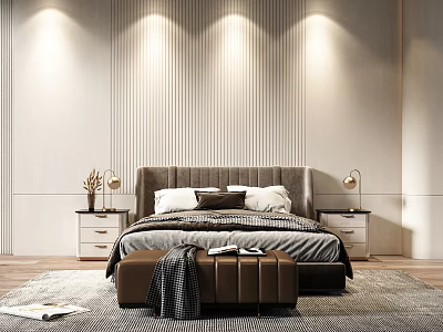 Modern Double Bed With Gray Upholstered Headboard Nightstands Table Lamps And Vertical Striped Wall 3d model