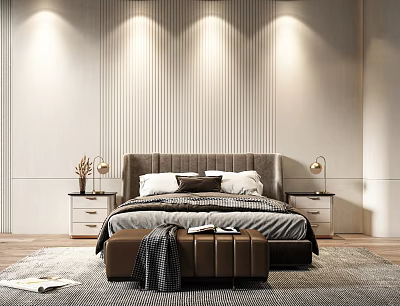 Modern Double Bed With Gray Upholstered Headboard Nightstands Table Lamps And Vertical Striped Wall 3d model