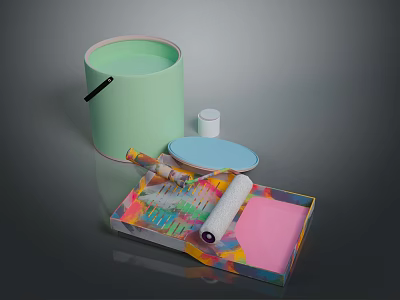 Light Green Paint Bucket With Small Cup Palette Roller And Colorful Tray 3d model