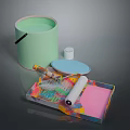Light Green Paint Bucket With Small Cup Palette Roller And Colorful Tray