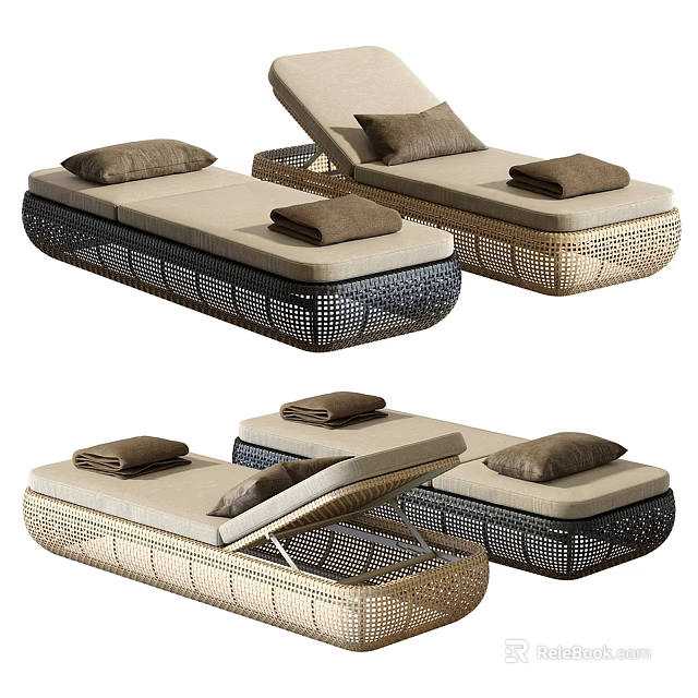 Stylish Outdoor Woven Lounge Chairs With Neutral Cushions And Folded Towels Design 3d model 