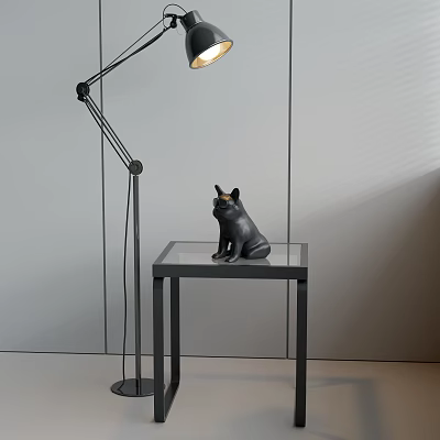 Sleek Modern Floor Lamp Next To Glass Table With Black Dog Statue On Gray Wall 3d model