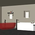 Modern Bathroom Interior With Red Glass And White Bathtubs Towel Rack And Toiletries