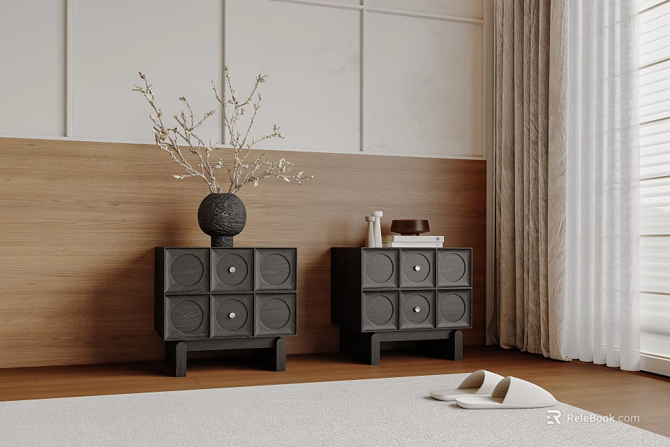 Modern Nightstands With Drawers Decorative Vase On Wooden Panel Wall Near Curtains And Slippers 3d model 