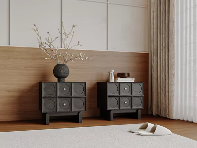 Modern Nightstands With Drawers Decorative Vase On Wooden Panel Wall Near Curtains And Slippers 3d model