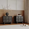 Modern Nightstands With Drawers Decorative Vase On Wooden Panel Wall Near Curtains And Slippers