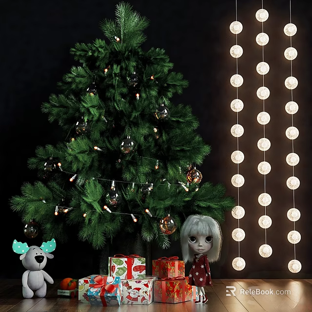 Decorative Christmas Tree Ornaments With String Lights On Green Holiday Tree 3d model 