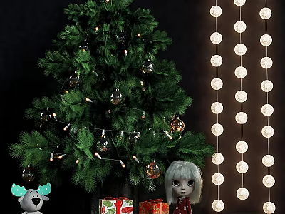 Decorative Christmas Tree Ornaments With String Lights On Green Holiday Tree 3d model
