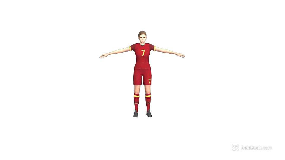 Woman Football Player In Red Sports Uniform Number 7 Standing With Arms Outstretched 3d model 