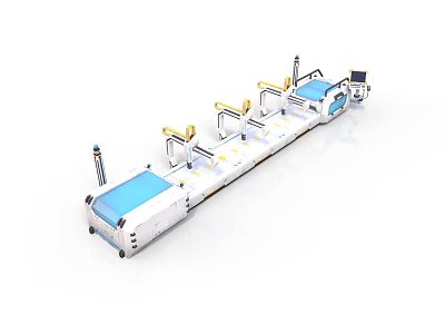 Industrial Conveyor Equipment With Multiple Workstations Blue Surfaces And Control Units 3d model