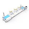 Industrial Conveyor Equipment With Multiple Workstations Blue Surfaces And Control Units