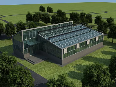 Modern Industrial Factory with Glass Curtain Walls Transparent Roof on Grassland Surrounded by Green Trees 3d model