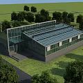 Modern Industrial Factory with Glass Curtain Walls Transparent Roof on Grassland Surrounded by Green Trees