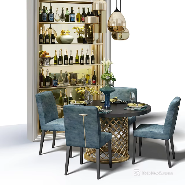 Elegant Round Dining Table Set With Blue Chairs Wine Cabinet And Chandelier 3d model 
