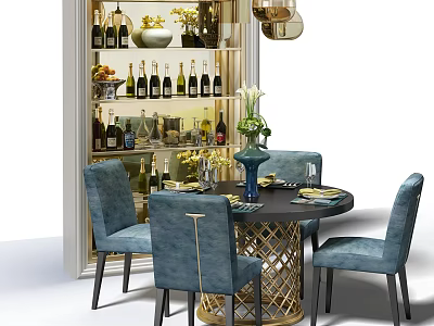 Elegant Round Dining Table Set With Blue Chairs Wine Cabinet And Chandelier 3d model