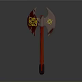 Ornate Double Bladed Axe With Yellow Geometric Pattern Red Gemstone And Red Handle 3d model