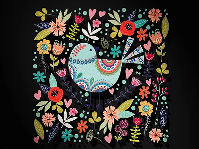 Vibrant Decorative Bird Artwork With Colorful Flowers Leaves And Hearts 3d model