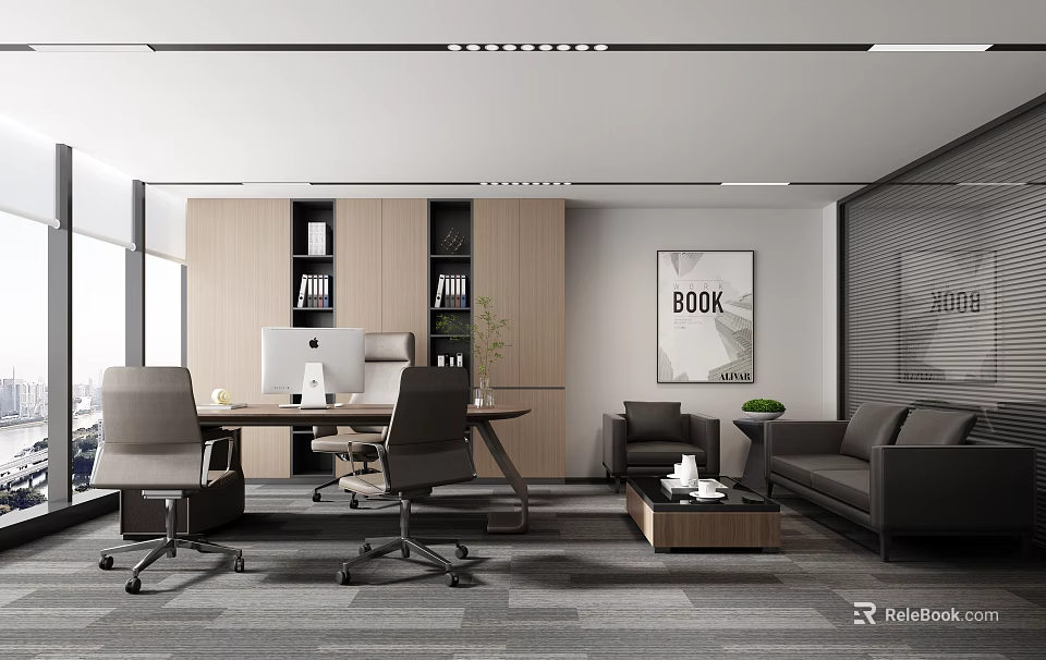 Modern Office Interior Design With Wooden Bookshelves Desk Chairs Sofa Green Plant And Wall Art 3d model 