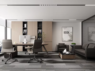 Modern Office Interior Design With Wooden Bookshelves Desk Chairs Sofa Green Plant And Wall Art 3d model