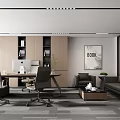 Modern Office Interior Design With Wooden Bookshelves Desk Chairs Sofa Green Plant And Wall Art