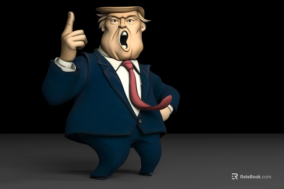 3D Cartoon Game Character With Blue Suit Red Tie Pointing Finger Open Mouth Expression 3d model 