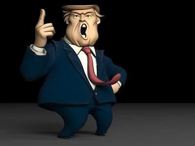 3D Cartoon Game Character With Blue Suit Red Tie Pointing Finger Open Mouth Expression 3d model