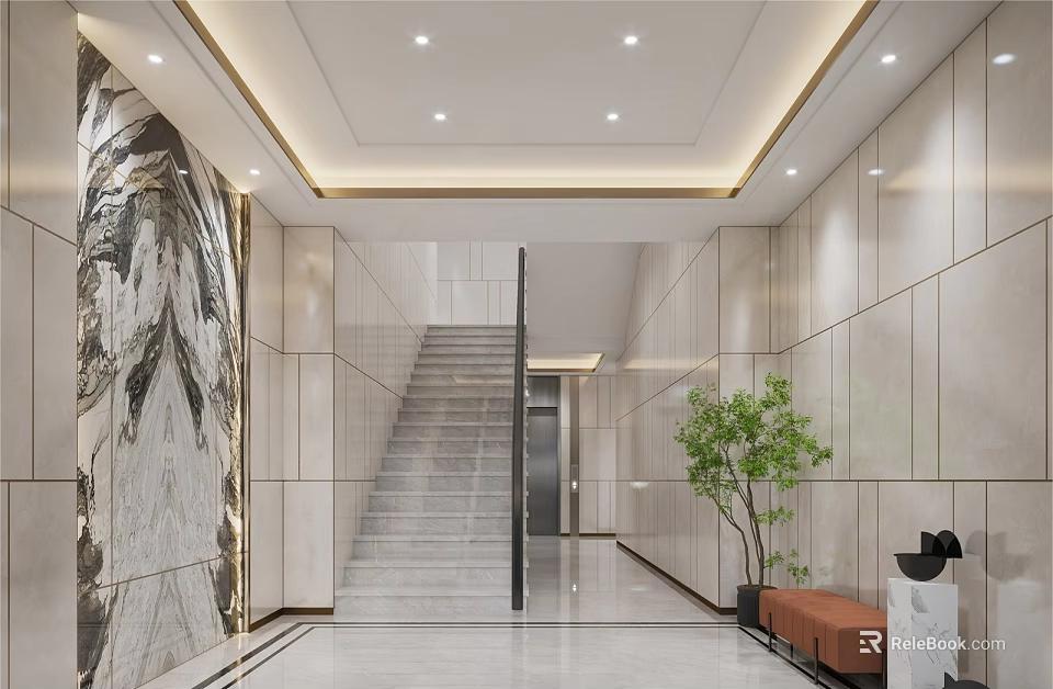 Elegant Modern Stairs Interior Design In Corridor With Marble Walls And Green Plant 3d model 
