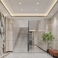 Elegant Modern Stairs Interior Design In Corridor With Marble Walls And Green Plant