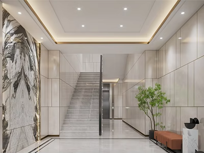 Elegant Modern Stairs Interior Design In Corridor With Marble Walls And Green Plant 3d model