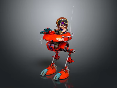 Game Movie Character Kid With Goggles Helmet Riding Orange Mechanical Robot With Pirate Logo Weapon 3d model
