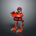 Game Movie Character Kid With Goggles Helmet Riding Orange Mechanical Robot With Pirate Logo Weapon