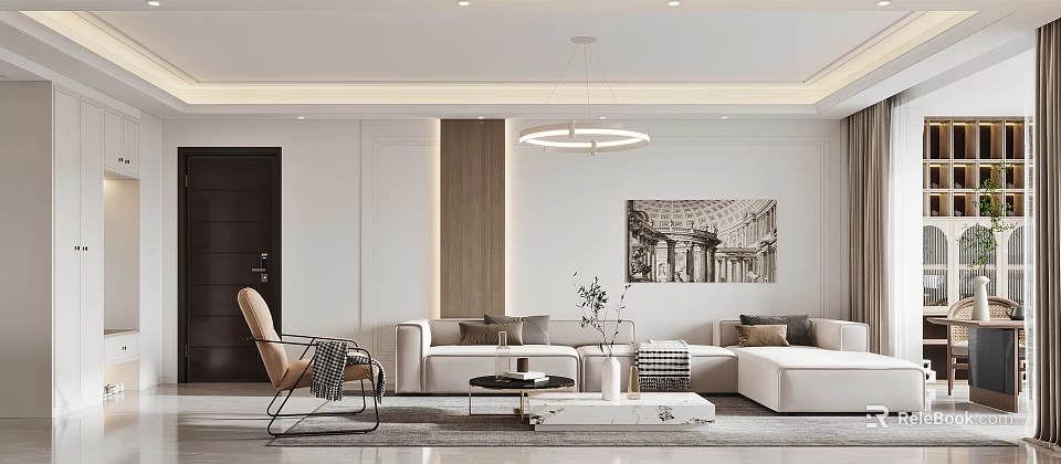 Modern Living Dining Room With White Sofa Coffee Table Chandelier And Decorative Painting 3d model 