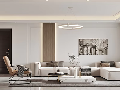 Modern Living Dining Room With White Sofa Coffee Table Chandelier And Decorative Painting 3d model