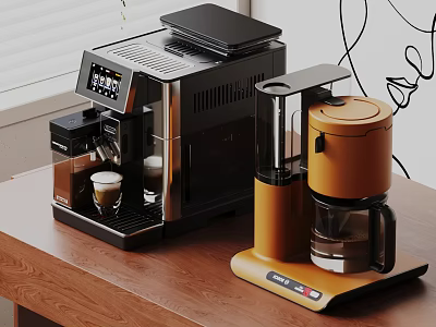 Modern Kitchen Appliances With Black Espresso Maker And Orange Coffee Machine On Wooden Table 3d model