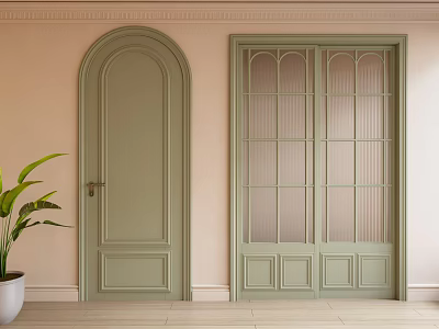 Light Green Hinged Doors With Arched Top And Glass Panes In Light Pink Wall Room 3d model