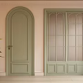Light Green Hinged Doors With Arched Top And Glass Panes In Light Pink Wall Room