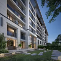 Modern Residential Building Exterior Featuring Large Windows Balconies Lawn Stone Pathway Outdoor Seating And Greenery