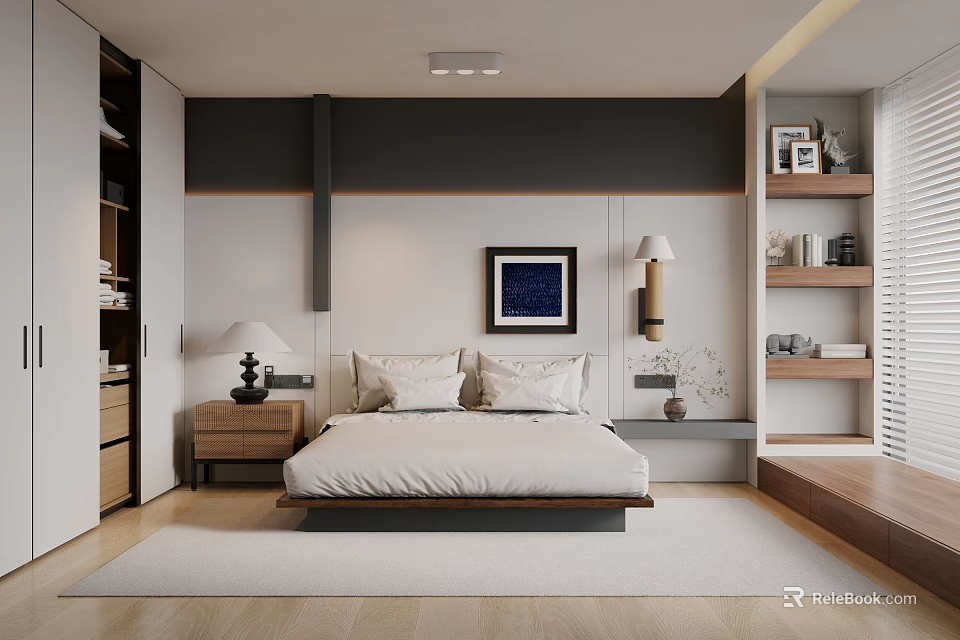 Modern Bedroom Interior Design With Bed Nightstand Table Lamp Wall Art And Bookshelf 3d model 