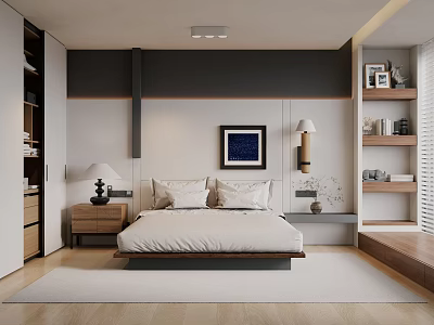 Modern Bedroom Interior Design With Bed Nightstand Table Lamp Wall Art And Bookshelf 3d model