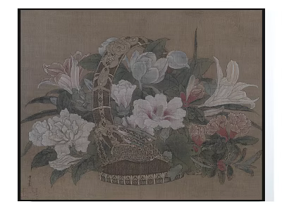 Traditional Plant Painting Featuring Woven Basket With Various Flowers And Green Leaves 3d model