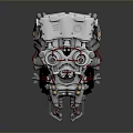 Futuristic Mechanical Head Weapon with Multiple Metallic Barrels Red Wiring and Brown Base