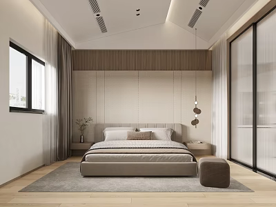Modern Bedroom With Beige Bed Wooden Paneled Wall Hanging Lights And Area Rug 3d model