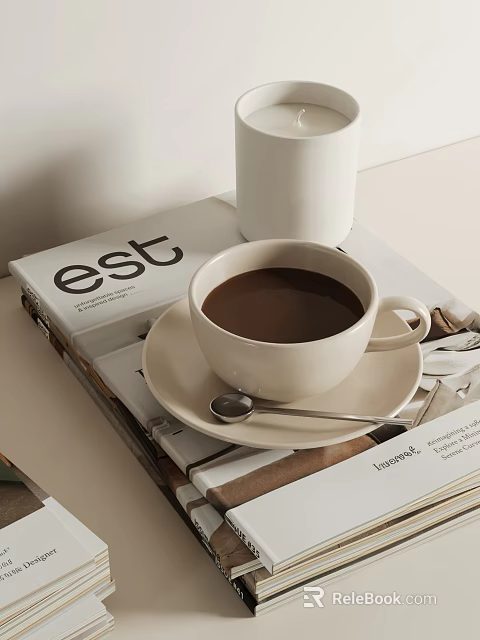 Minimalist Decorative Ornament Set With Coffee Cup Magazine Spoon And White Mug 3d model 